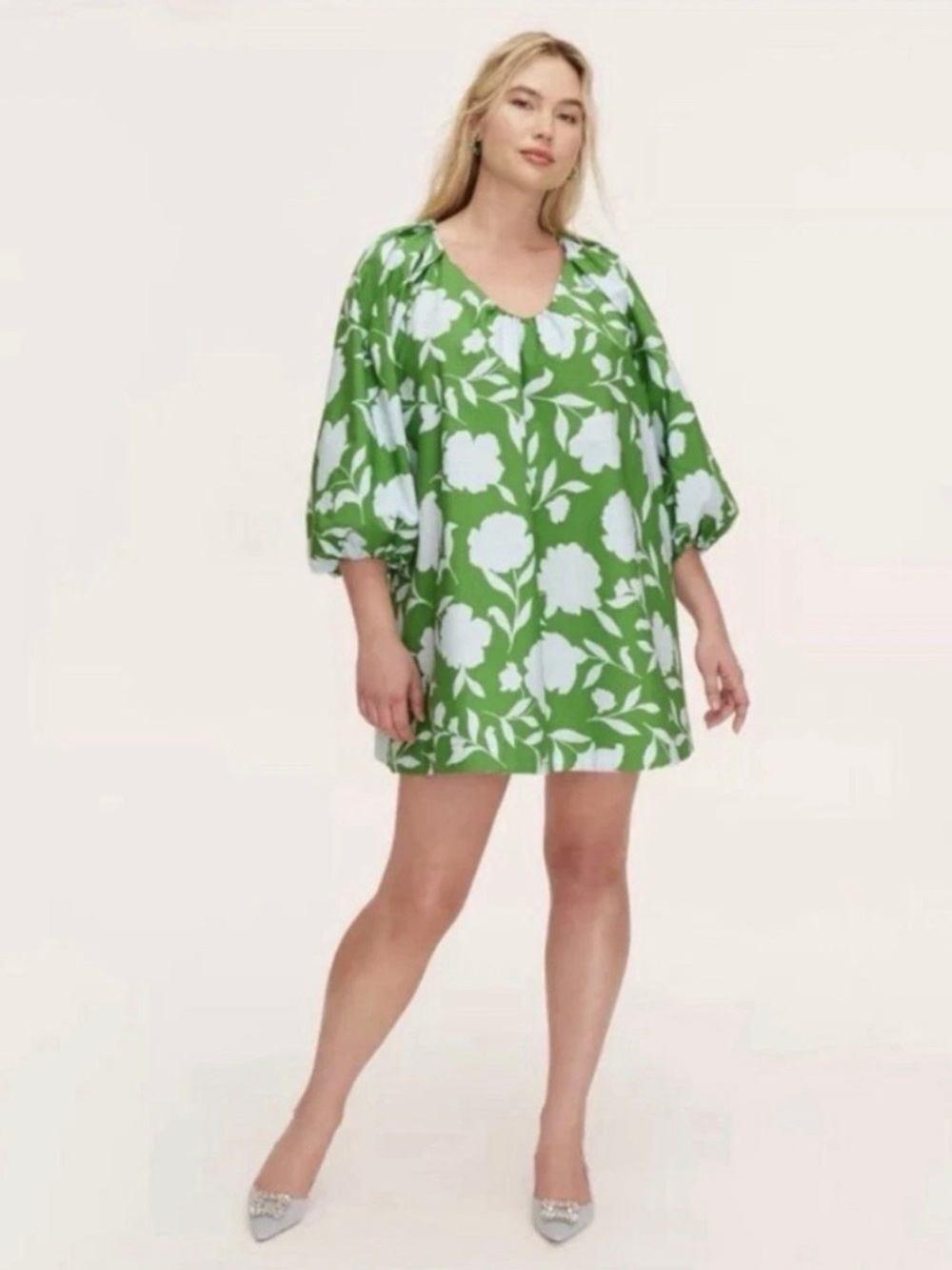 kate spade x target Poplin Green & blue Floral mini dress puff sleeve sz S nwt